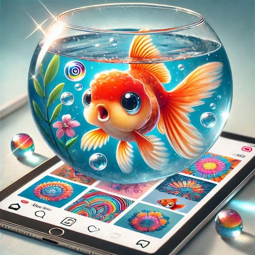 Goldfish short memory looking at iPad artworks on Instagram