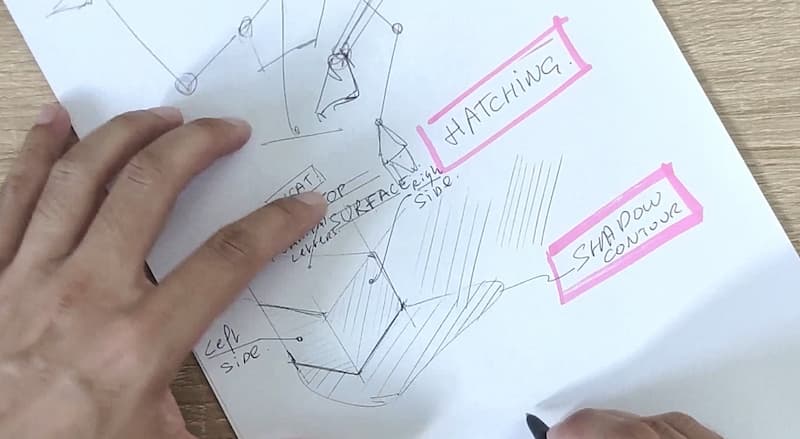 Draw the shadow contour then add hatching inside