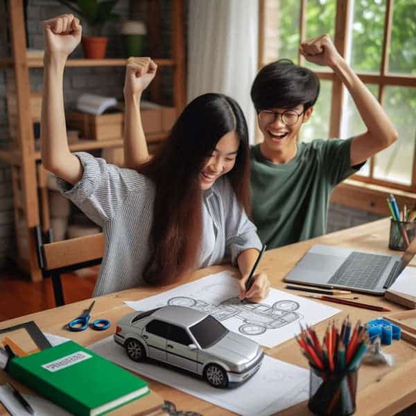 Two students celebrate their sketching achievements